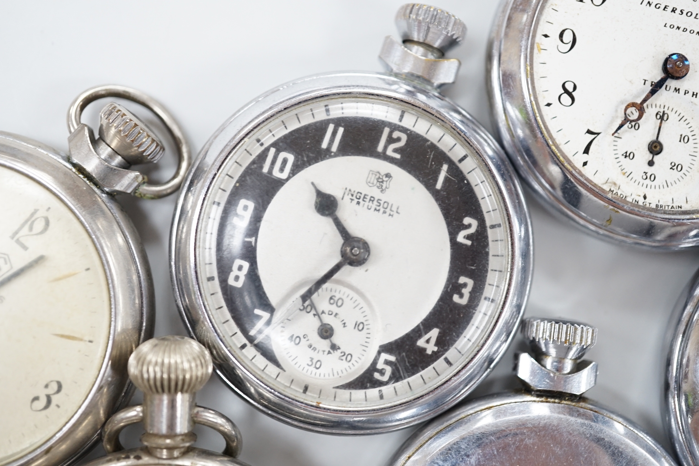 Ten assorted base metal pocket watches including Ingersoll Crown, Sekonda and Smiths.